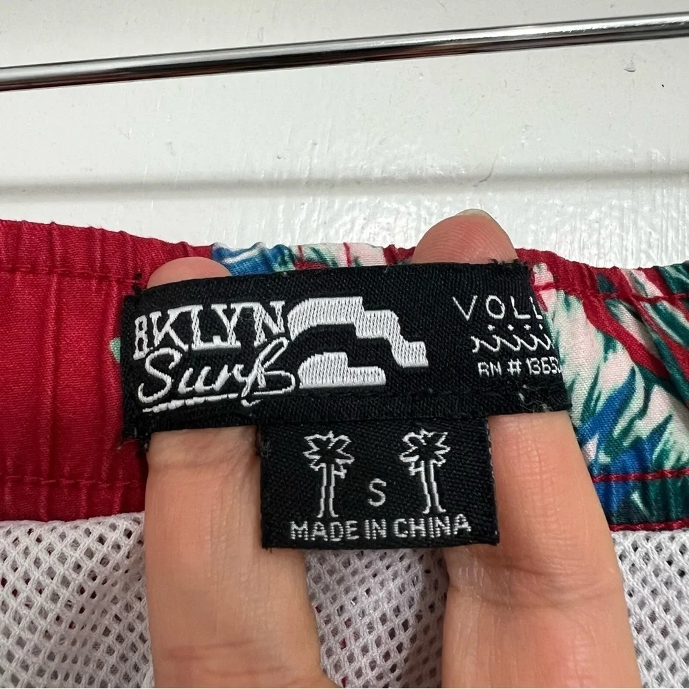 Brooklyn Cloth Surf Ave Small Red Hawaiian Floral Volley Swim Trunks Shorts